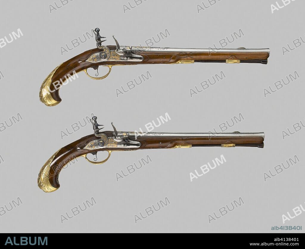 J. J. BEHR. Flintlock Holster Pistol (One of a pair). Johann Jacob Behr (Flemish, active 1690-1745); Liège. Date: 1720-1730. Dimensions: L. 50.8 cm (20 in.)
Barrel L. 34.2 cm (13 1/2 in.)
Caliber .60
Wt. 2 lb. 10 oz. each. Steel, brass, gilding, and walnut. Origin: Liège.