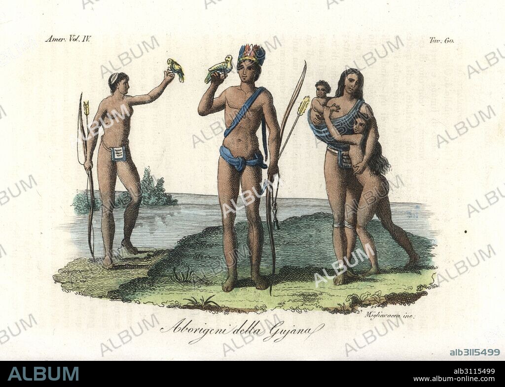 Arawak people of Guyana, South America, with feather headdress, bow and arrow, apron, and tame parrots. Handcoloured copperplate engraving by Migliavacca from Giulio Ferrrario's Costumes Antique and Modern of All Peoples (Il Costume Antico e Moderno di Tutti i Popoli), Florence, 1842.