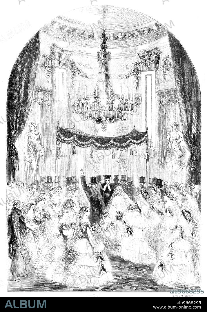 Marriage Ceremonial of the Baron Alphonse de Rothschild and Miss Leonora Rothschild [at Gunnersbury Park]: the Bridegroom Breaking the Wine-cup, 1857. 'The marriage contract having been read, the Chief Rabbi presented a wine-cup, and invoked on the wedding pair seven blessings. The Chief Rabbi then congratulated the pair, and offered up a supplication for the poor of the Land of Promise. The wine-cup, which the Hebrews regard as the symbol of blended joy and sorrow, was then taken by the bridegroom, who, after tasting the contents, threw the cup on the ground, when it was shattered into pieces, thus denoting the precarious nature of life and joy, and commemorating also that sorrow which is still held sacred by the Jew - the destruction of the Temple...Attendant upon the bride are the sixteen bridemaids in their chastely- elegant costume'. From "Illustrated London News", 1857.
