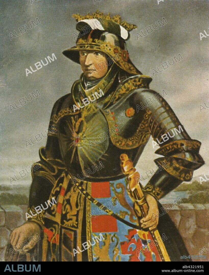 Emperor Maximilian I, (1936). Maximilian (1459-1519), Holy Roman Emperor, King of Germany, in a suit of armour. Maximilian established the Habsburg dynasty as a European power. After a posthumous portrait made in 1618 by Peter Paul Rubens. From "Bilder Deutscher Geschichte", (Pictures of German History), No.12, cigarette card album. [Cigaretten-Bilderdienst, Altona-Bahrenfeld, Hamburg, Germany, 1936].