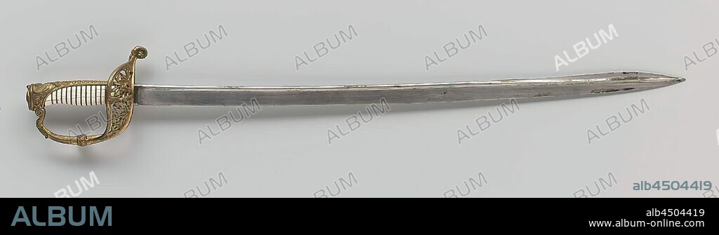 Sword of Honor, slightly curved saber blade with back but without heel. The sword has an open hilt basket with large anchor, grip cap with inscription and knob in the shape of a lion's head. The handle is lined with shark skin and wrapped in horizontal lines with copper wire. The blade is completely without marks, Doggersbank, Willem V (Prince of Orange-Nassau), Guillaume of Harecarspel Dekker, anonymous, Netherlands, 1781 - before 30-Nov-1781, iron (metal), brass (alloy), copper (metal), wood (plant material), rope, sharkskin, engraving, whole: l 75 cm hilt: l 14.6 cm.