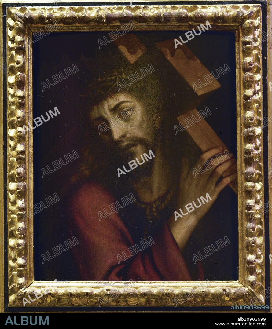SCHOOL OF LUIS DE MORALES. SPAIN. 16TH CENTURY.. Cristo con la cruz a cuestas. Escuela de Luis de Morales. Segunda mitad del siglo XVI. Pintura sobre tabla. Museo de Santa Cruz. Toledo. España. (En depósito, Parroquia de San Pedro, de la Santa Iglesia Catedral Primada, Toledo).
