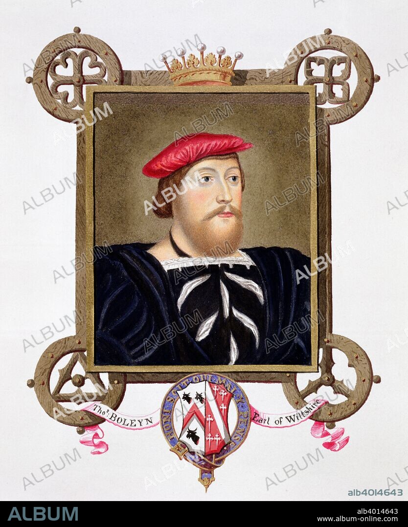 Thomas Boleyn, Earl of Wiltshire, English Tudor diplomat and statesman, (1825). Boleyn (1477-1539) was the father of Anne Boleyn and therefore grandfather of Queen Elizabeth I. After a drawing by Hans Holbein (1497-1543) in the Royal Collection. From Memoirs of the Court of Queen Elizabeth, published in 1825.