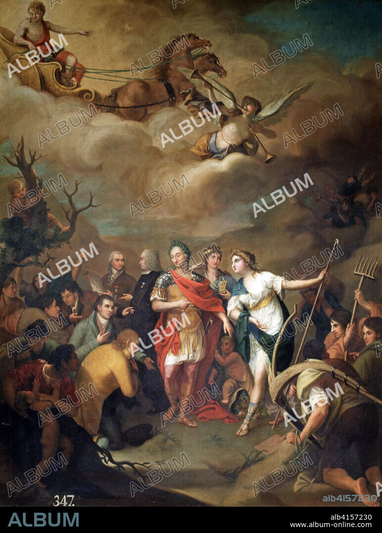 JOSE ALONSO DEL RIVERO (1781-1818). CHARLES III KING OF SPAIN. MADRID 1716-1788 "CARLOS III DELIVERING LANDS TO THE SETTLERS OF SIERRA MORENA" OIL BY JOSE ALONSO DEL RIVERO SAN FERNANDO MUSEUM OF FINE ARTS. MADRID.