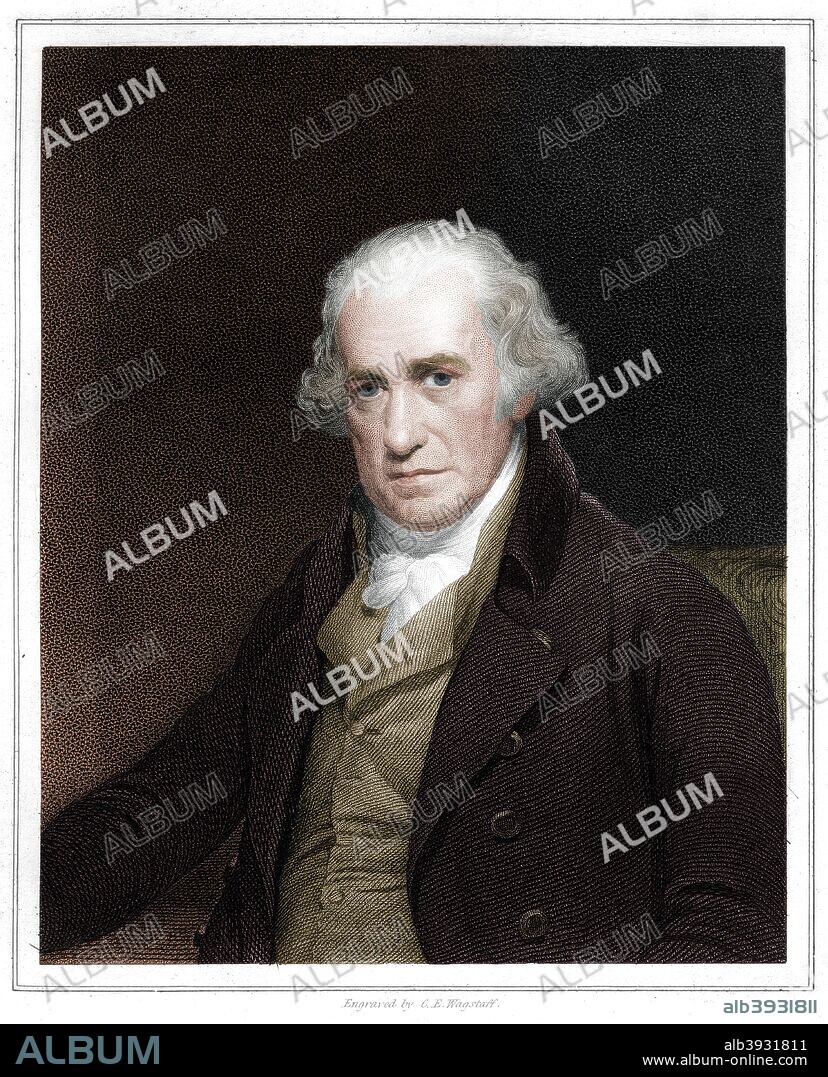 James Watt, Scottish engineer, (1833). Watt's (1736-1819) improvements to the steam engine were fundamental to the changes wrought by the Industrial Revolution. He perfected the working of steam engines, inventing new parts to stop the waste of steam and fuel. (Colorised black and white print).