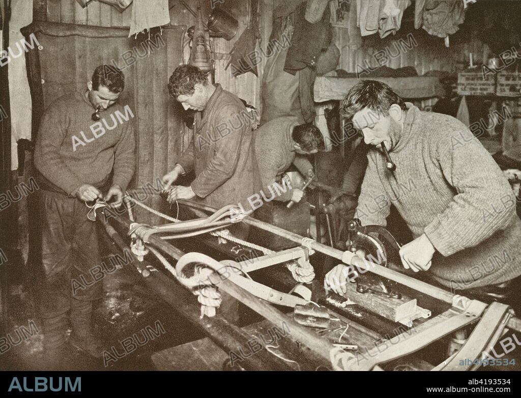 'Preparing Sledges for the Polar Journey (Crean, Forde, Lashly, P.O. Evans)', c1911, (1913). Tom Crean, Petty Officer Robert Forde, stoker William Lashly and Petty Officer Edgar Evans. The final expedition of British Antarctic explorer Captain Robert Falcon Scott (1868-1912) left London on 1 June 1910 bound for the South Pole. The Terra Nova Expedition, officially the British Antarctic Expedition (1910-1913), included a geologist, a zoologist, a surgeon, a photographer, an engineer, a ski expert, a meteorologist and a physicist among others. Scott wished to continue the scientific work that he had begun when leading the Discovery Expedition to the Antarctic in 1901-04. He also wanted to be the first to reach the geographic South Pole. Scott, accompanied by Dr Edward Wilson, Captain Lawrence Oates, Lieutenant Henry Bowers and Petty Officer Edgar Evans, reached the Pole on 17 January 1912, only to find that the Norwegian expedition under Amundsen had beaten them to their objective by a month. Delayed by blizzards, and running out of supplies, Scott and the remainder of his team died at the end of March. Their bodies and diaries were found eight months later. From Scott's Last Expedition, Volume I. [Smith, Elder & Co., London, 1913].