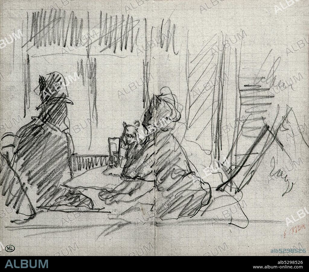 Edouard Manet 1832-1883. Couple avec chien. à une terrasse de café. charcoal on paper cm 14,1 x 18,5.