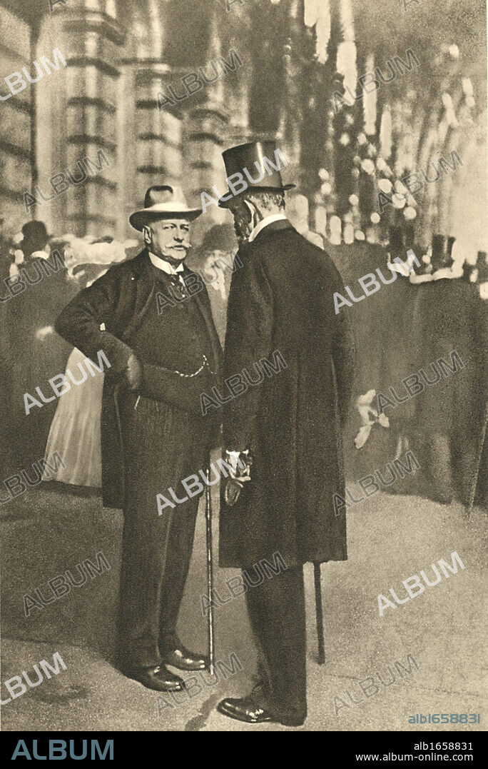 Bernhard Heinrich Karl Martin von Bulow (1849-1929), left, German Foreign Secretary 1897-1909. Responsible for Weltpolitik - colonial expansion. Reichschancellor 1900-1909, speaking with his successor Theobald Bethmann Hollweg (1856-1921), Chancellor 1909.