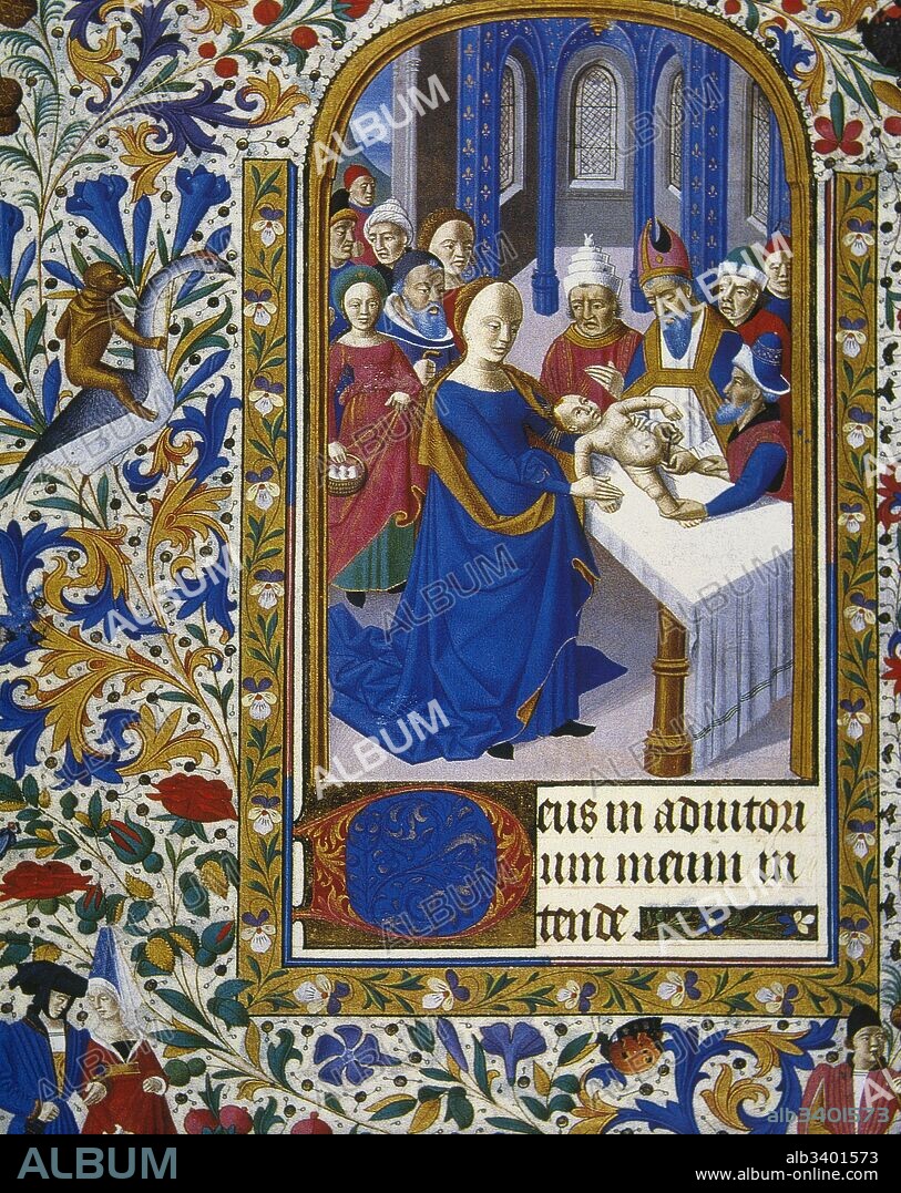 Libro de hora (horarium), siglo XV. Manuscrito iluminado medieval de devoción cristiana. "La Circuncisión". Ceremonia de la Brit Milah, con el tribunal de los tres rabinos Bet-din. Miniatura. Museo Condé. Castillo de Chantilly. Francia.