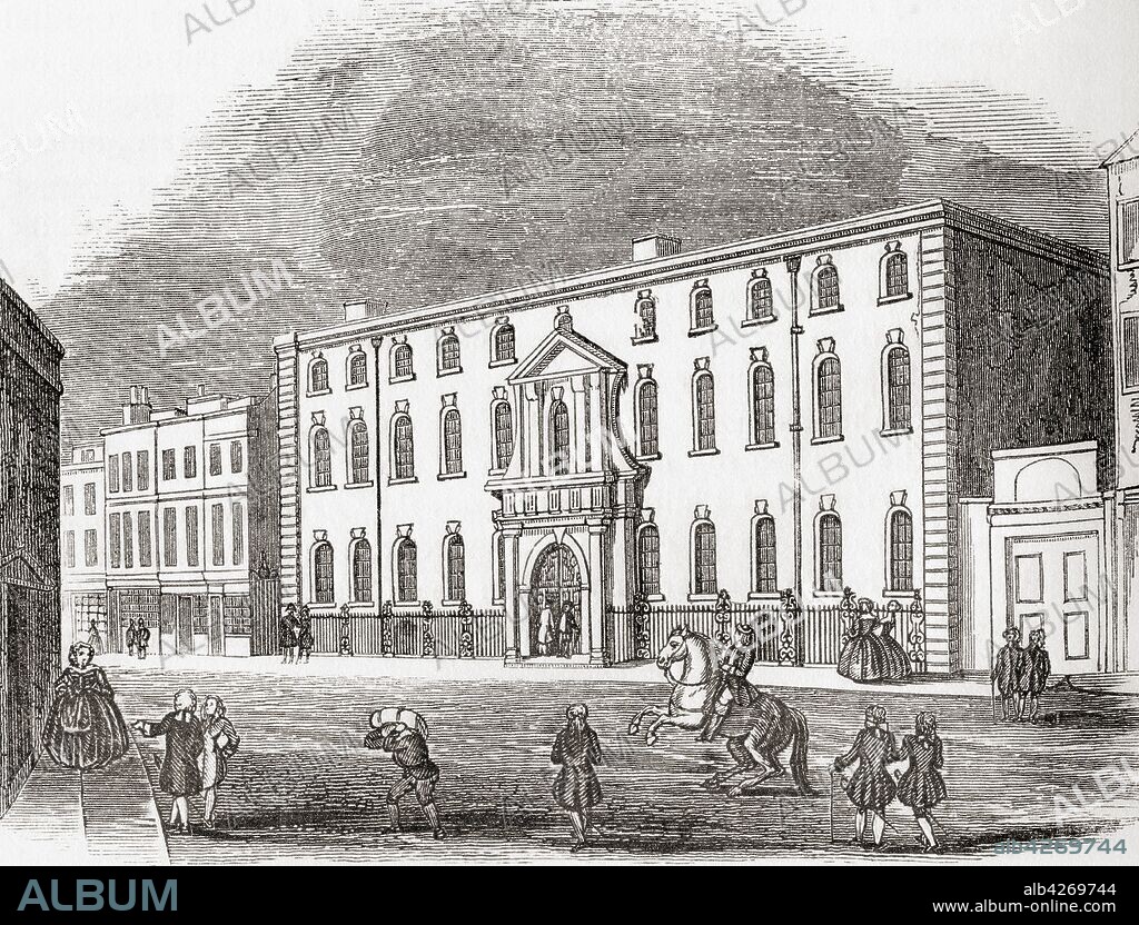 The Old South Sea House,  on the corner of Bishopsgate Street and Threadneedle Street,  City of London,  England Seen here in 1754 the building was the headquarters of the South Sea Company and was burned down in 1826  From Old England: A Pictorial Museum,  published 1847.