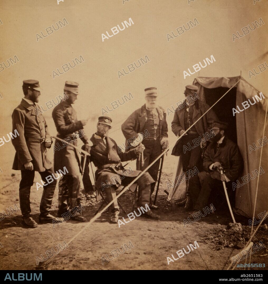 Brigadier McPherson & officers of the 4th Division Captain Higham [i.e., Heigham], 17th Regiment; Captain Earle, Major of Brigade; Captain Croker, 17th Regiment; Captain Swire; Captain McPherson., Crimean War, 1853-1856, Roger Fenton historic war campaign photo.