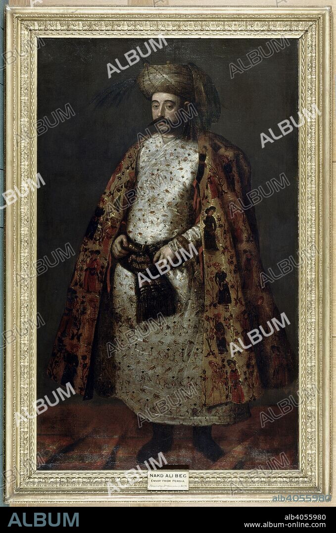 RICHARD GREENBURY. Nakd â€˜Ali Beg, Envoy from Persia. A full-length standing figure, in turban and long gown of light-coloured material, reaching to the feet. Over this is a flowing mantle of Isphahan brocade of a darker colour, woven with figures. The hands hold the sash loosely. Nakd â€˜Ali Beg arrived in England in February 1626 as ambassador from Shah â€˜Abbas of Persia. Sir Robert Shirley was then in this country claiming to have been sent on a similar errand, and a violent quarrel ensued between the rival envoys. By order of King Charles I, they were both taken back to the East in the East India Companyâ€™s fleet of 1627, accompanied by Sir Dodmore Cotton, who was accredited as English ambassador to the Shah. Nakd â€˜Ali Beg poisoned himself just before the ships reached the coast of India, and his body was buried at Surat. . 1626. Oil painting. 84 by 51 ins (213 by 129.5 cms). Source: Foster 23.