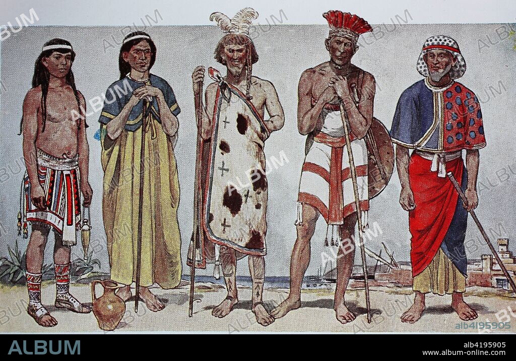 West Asian fashion apparel in antiquity, from the left, a Kefti man with a bandage, then a Cheriter or Cheta, then a man of a desert tribe east of Palestine, man of Purasate, an enemy sea people from the time of Ramses III. and a distinguished man from the middle of Syria, digital improved reproduction of an original print from the 19th century.