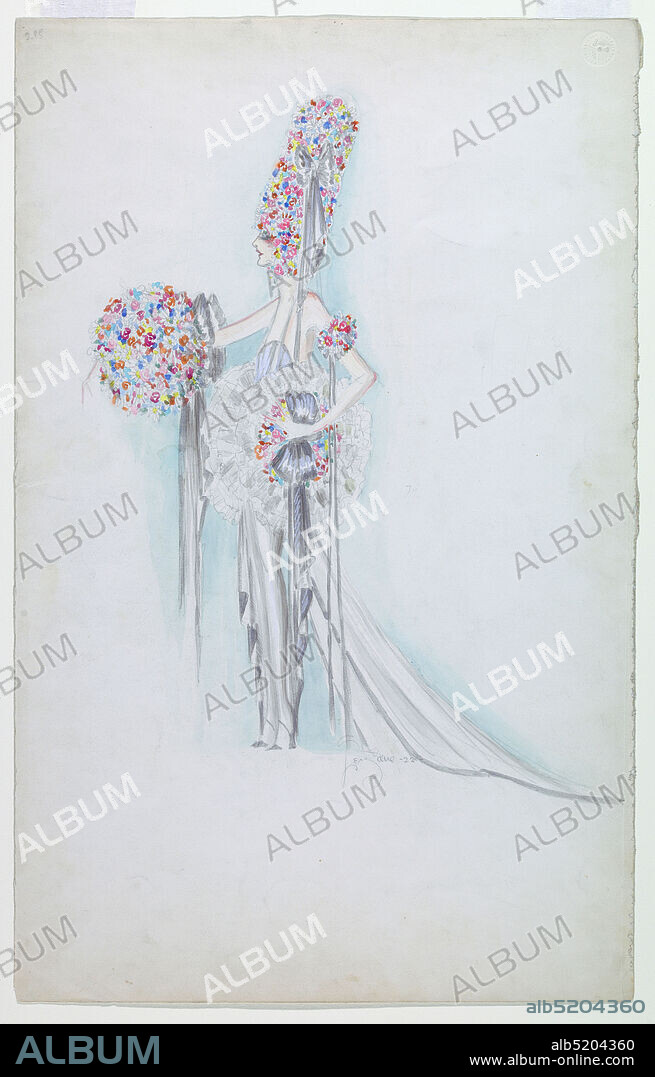 Costume Design: Ziegfeld Follies of 1922, Charles LeMaire, American, 18971985, Brush and watercolor, silver paint, graphite on paper, Vertical rectangle. Woman standing in left profile, tall headdress of colors flowers, wearing halter-neck dress with long train., USA, 1922, theater, Drawing, Drawing.
