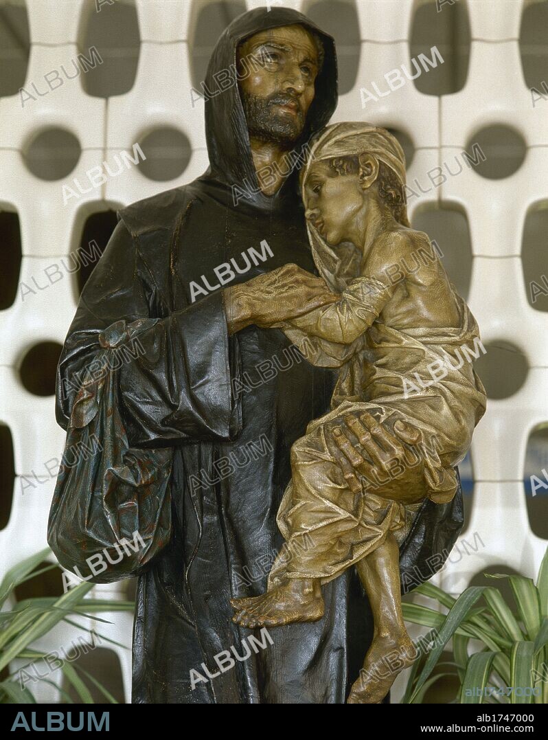 ARTE S. XIX. ESPAÑA. VALLMITJANA I BARBANY, Agapito (Barcelona,1833-Barcelona,1905). Escultor catalán, que se especializó en temática religiosa. "SAN JUAN DE DIOS". Talla policromada. Hospital de Sant Joan de Déu. Barcelona. Cataluña.