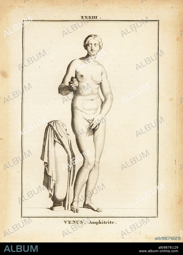 Statue of Venus Amphitrite, Roman goddess of love, beauty, sex and fertility. As Amphitrite, Greek goddess of the sea, she holds a clam shell in her right hand. Copperplate engraving by Francois-Anne David from Museum de Florence, ou Collection des Pierres Gravees, Statues, Medailles, Chez F.A. David, Paris, 1787. David (1741-1824) drew and engraved the illustrations based on Roman statues, engraved stones and medals in the collection of the Museum de Florence and the cabinet of curiosities of the Grand Duke of Tuscany. - Image ID: RYYR60.