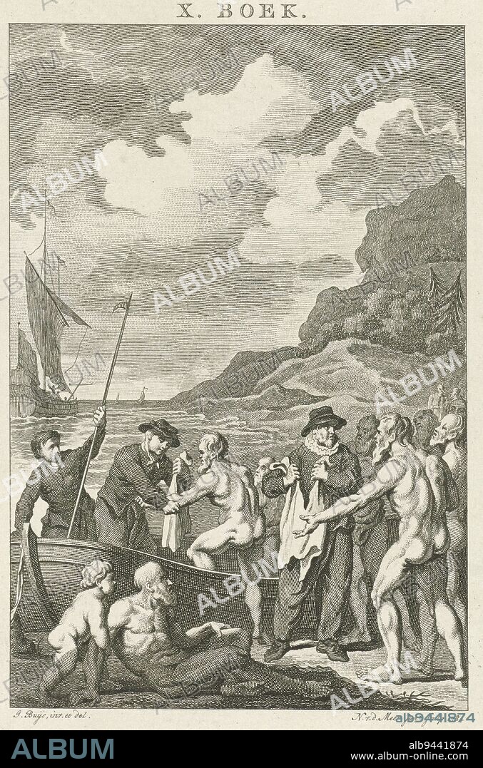 Nudes dressed, Noah van der Meer (II), after Jacobus Buys, 1784, Naked people are being dressed by three men. Two of them are standing aboard a barge. In the background, a sailing ship at sea., print maker: Noach van der Meer (II), (mentioned on object), intermediary draughtsman: Jacobus Buys, (mentioned on object), Amsterdam, 1784, paper, etching, h 200 mm × w 136 mm.