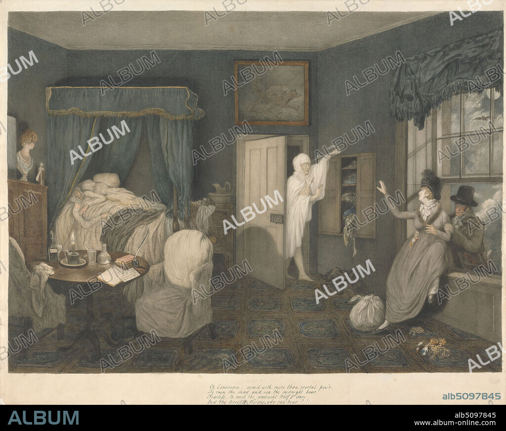 The Spoiled Child, Scene IV, Lewis Vaslet, 17421808, British, ca. 1802, Watercolor with black ink and gray wash over graphite on moderately thick, slightly textured, cream wove paper, Sheet: 15 1/2 × 19 1/8 inches (39.4 × 48.6 cm) and Image: 13 5/8 × 18 5/8 inches (34.6 × 47.3 cm), bat (animal), bed (furniture), bedroom, blood, bust, candle, canopy, cat (domestic cat), chairs, coat, cupboard, daughter, door, dress, drug, embrace, escape, fear, genre subject, gesture, ghost, holding, humor, ink bottle, interior, knapsack, lamb, letters, love, lovers, lust, man, miniature (painting), moon, morality, mother, night, nightgown, pitcher, potion, quill, romance, satire, sex, sleeping, sword, tables, top hat, window, wolf, women.