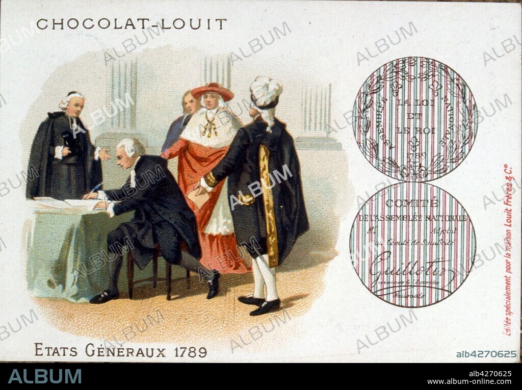 Illustration showing the estates general, a general assembly representing the French estates of the realm: the clergy (First Estate), the nobility (Second Estate), and the commoners (Third Estate). Summoned by King Louis XVI, it was brought to an end when the Third Estate formed into a National Assembly, inviting the other two to join, against the wishes of the King. This signals the outbreak of the French Revolution.