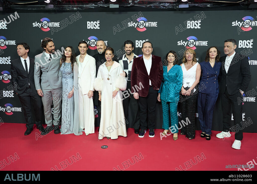 MIguel Bose, Ivan Sanchez, Jose Pastor, Alicia Borrachero, Miguel Angel Munoz, Ana Torrent attends 'Bose' Premiere at Domo 360 on March 2, 2023 in Madrid, Spain.