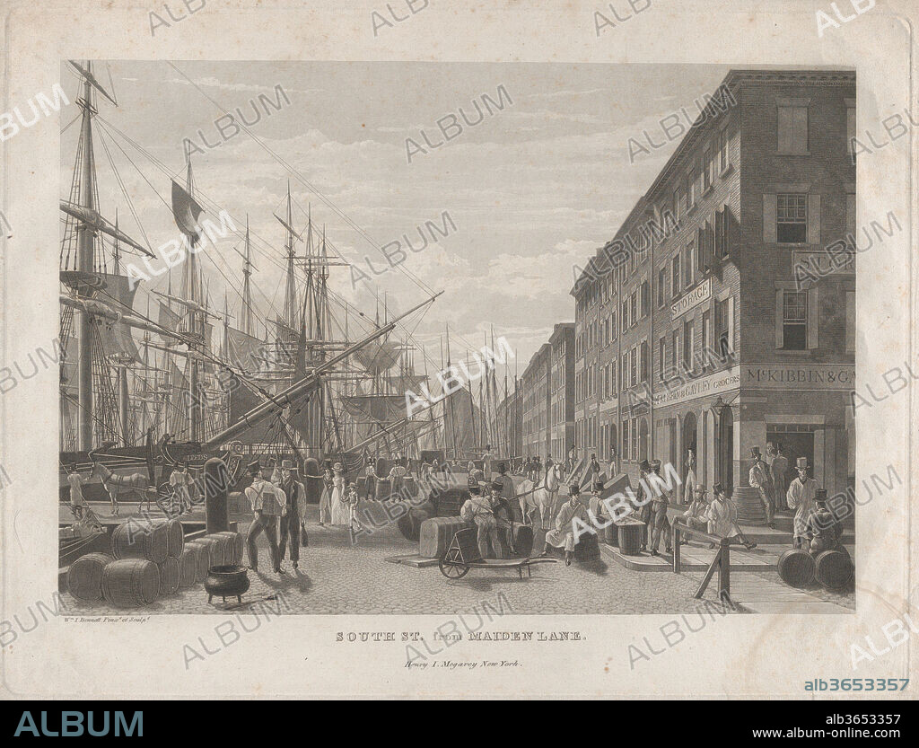 South St. from Maiden Lane. Artist: William James Bennett (American, London 1787-1844 New York). Dimensions: Sheet: 13 3/8 × 18 3/4 in. (33.9 × 47.6 cm)
Plate: 11 5/8 × 15 3/8 in. (29.5 × 39 cm). Publisher: Henry J. Megarey (American, 1818-1845 New York). Date: 1834.
New York view from 1828. Issued in "Megarey's Street Views in the City of New-York, 1834: South Street from Maiden Lane.".