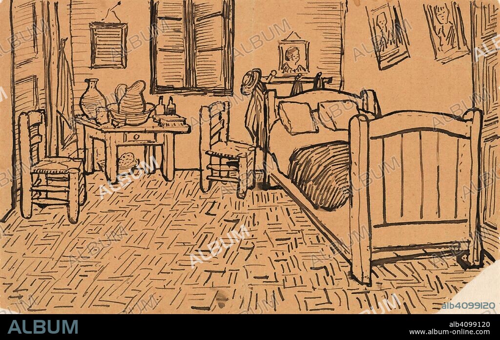 Sketch of The Bedroom, enclosed in a letter from Vincent van Gogh to Theo van Gogh. Date: 16 October 1888, Arles. Dimensions: 13 cm x 21 cm.