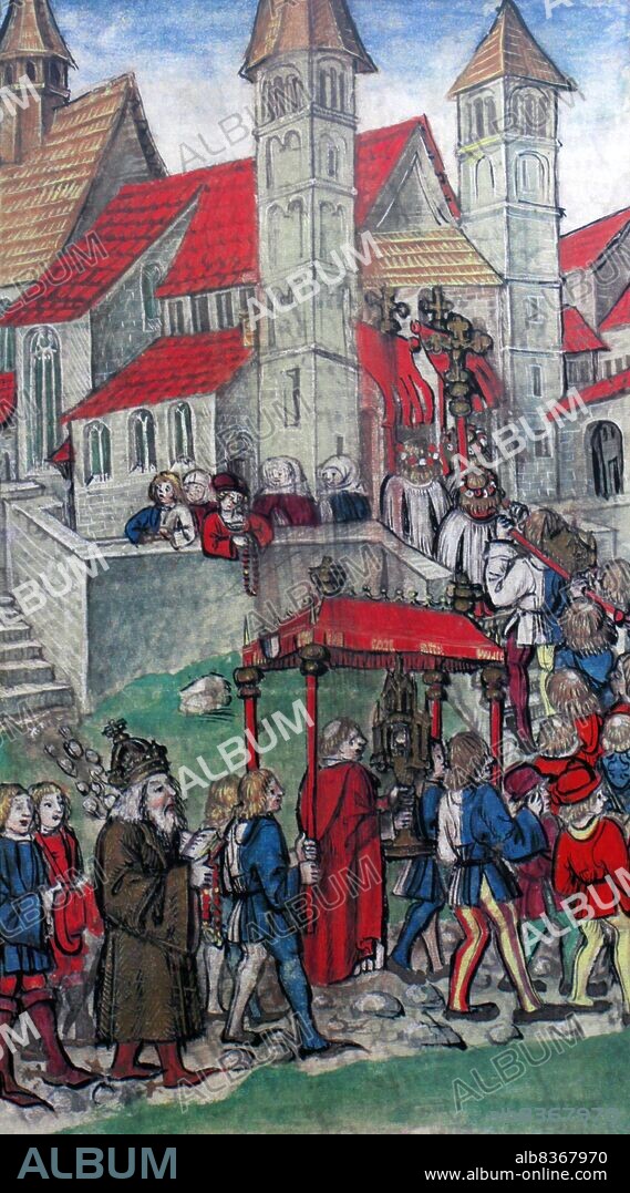 Germany: 'King Sigismund in the Court Church of Lucerne, 1417', watercolour drawing from the <i>Luzerner Schilling</i> by Diebold Schilling the Younger (1460-1515), c. 1513.<br/><br/>. Sigismund (1368-1437) was the son of Emperor Charles IV and younger brother of King Wenceslaus. He led the last West European Crusade, the Crusade of Nicopolis, in 1396, leading a combined Christian army against the Turks. He was elected as King of Germany in 1411 after the death of King Rupert. He also became King of Bohemia in 1419 and managed to be crowned King of Italy in 1431. Sigismund marched into Rome and was crowned Holy Roman Emperor in 1433.