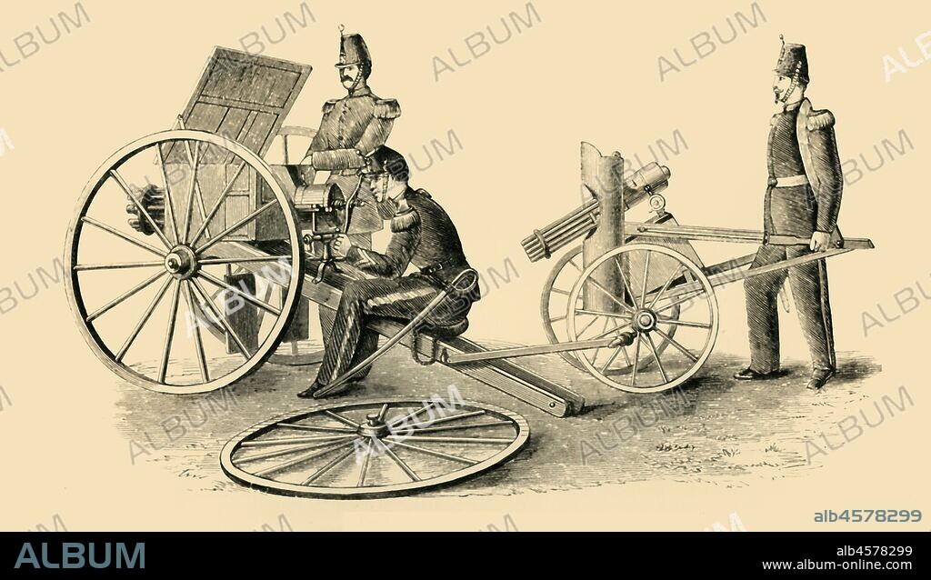 'French Mitrailleuse in Action', c1872. Machine gun used by the French army during the Franco-Prussian War of 1870-1871. The mitrailleuse was a type of volley gun that could fire rounds at once or in rapid succession. From "The Franco-Prussian War: its causes, incidents and consequences", Volume I, by Captain H M Hozier. [William Mackenzie, London, 1872].