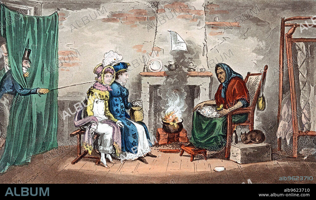 GEORGE CRUIKSHANK and ISAAC ROBERT CRUIKSHANK. A visit to a fortune teller, early 19th century. Kate and Sue having their fortunes read in the cards (Cartomancy) by an old woman, while Tom and Jerry try to attract their attention from behind a curtain. Food is cooking in a pot on the fire. The old woman's bed is folded against the wall (right) and her pet cat sits beside her.