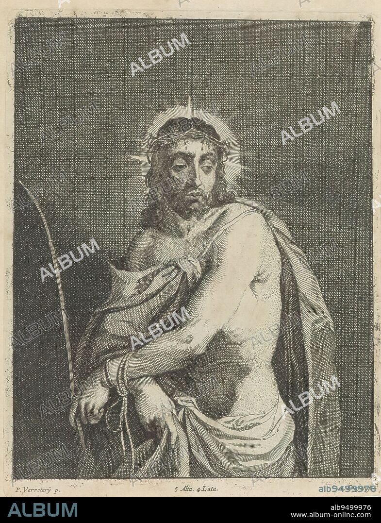 Ecce Homo, Christ after being scourged and mocked. His hands are tied. He wears the crown of thorns and a cloak. In his hand a reed as a scepter. This print is part of an album., print maker: Jan van Troyen, (mentioned on object), after painting by: David Teniers, after painting by: Padovanino, (mentioned on object), print maker: Southern Netherlands, (possibly), after painting by: Southern Netherlands, after painting by: Italy, publisher: Brussels, 1660, paper, etching, height 223 mm × width 173 mm.