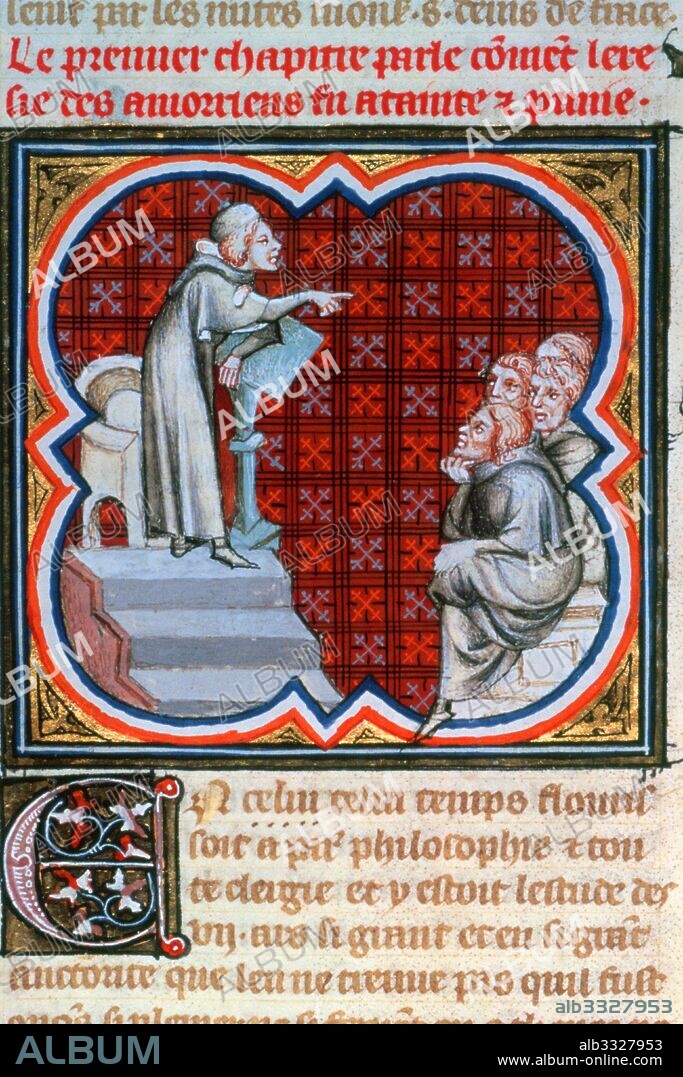 Amalric of Bena preaching, was a French theologian and sect leader, after whom the Amalricians are named. (14th C. ). Biblioteque Nationale, Paris. From the Grandes Chroniques de France. 1375-1380 manuscript.