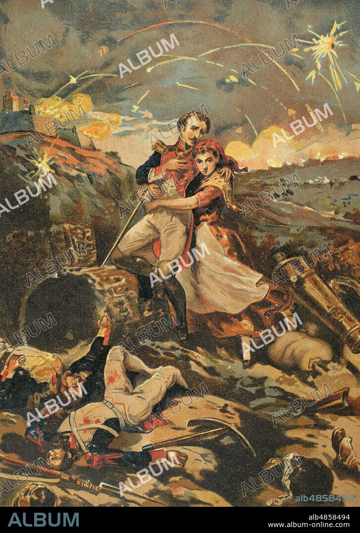 Guerra de la Independencia Española (1808-1814). Sitio de Tarragona (1811). Enfrentó a las tropas francesas al mando del general Suchet con las españolas dirigidas por Juan Senén de Contreras, gobernador militar de la ciudad. Los hechos tuvieron lugar entre el 5 de mayo y el 29 de junio de 1811, finalizando con la ocupación francesa de la ciudad. Tarragona permaneció bajo poder francés hasta la retirada de Suchet el 13 de agosto de 1813. "La mujer había tomado en brazos al herido". Cromolitografía. El grito de independencia, por Carlos Mendoza. Publicado en Barcelona, 1890.