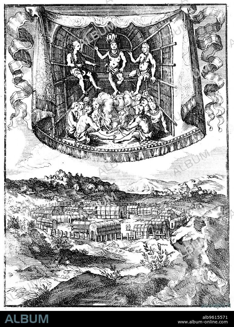Chief Wahunsonacock (father of Pocahontas) head of Powhatan confederacy of Algonquin-speaking tribes smoking in his hut. Below is a Palisaded village of huts typical of Virginia and east shore of Chesapeake Bay. Copperplate engraving, 1686.