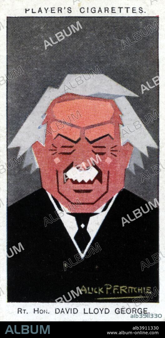 David Lloyd George, 1st Earl Lloyd-George, British Prime Minister, 1926. Portrait of Liberal politician Lloyd George (1863-1945). Cigarette card with straight-line caricature, issued by John Player & Sons.