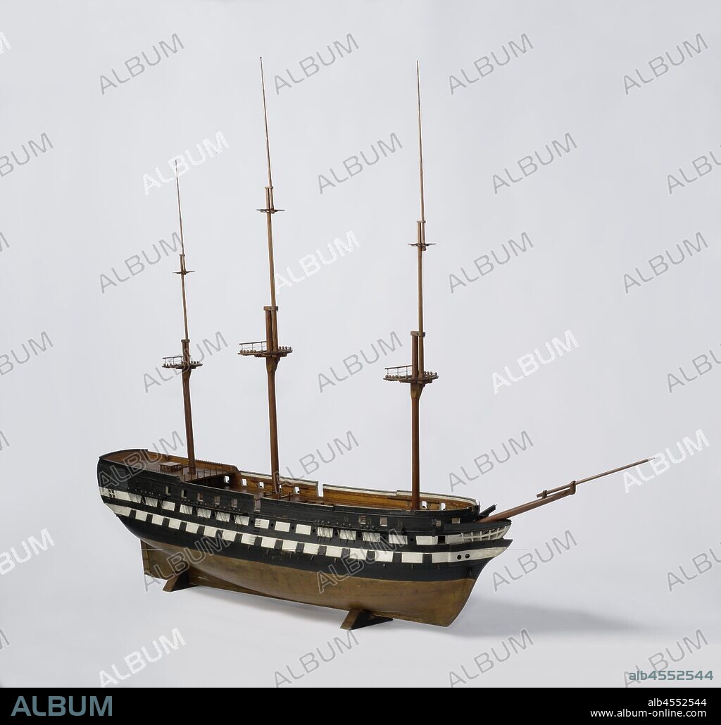 Model of a 74 to 80-Gun Ship of the Line, Polychromed truss model of the hull, painted black and white and with copper paint under the waterline, with loose spars. Eighty-two gun ports spread over three decks, five levels: cow bridge, lower deck, intermediate deck, box deck and half deck with covered pit with walkways and grilles, top campanel with roef. The galleon has no figurehead. Twisted mirror, flat two-gate wulf, two-story fence with carving of trophies and an oval weapon with anchor, two-storey side galleries with carvings of pilasters and diamond motifs. Rudder with round rudder king (Soetermeers version), steering wheel on the half deck for the bezaansmast. The model is equipped with a double anchor bet and two double spindles. The sheer is almost flat, two barwood and one deer, spiked around. Spars with marbles and spreaders of a three-mast rig have been added: both the large mast and the mizzen mast have a snail mast with fork, the mizzen is still fed with a boom, the bowsprit has bentwood and lumber, ship model (propulsion of vehicle, ship, etc. by wind), De Ruyter (ship), anonymous, Netherlands, 1830 - 1840, wood (plant material), brass (alloy), glass, h 63 cm × l 228 cm × w 56 cm.