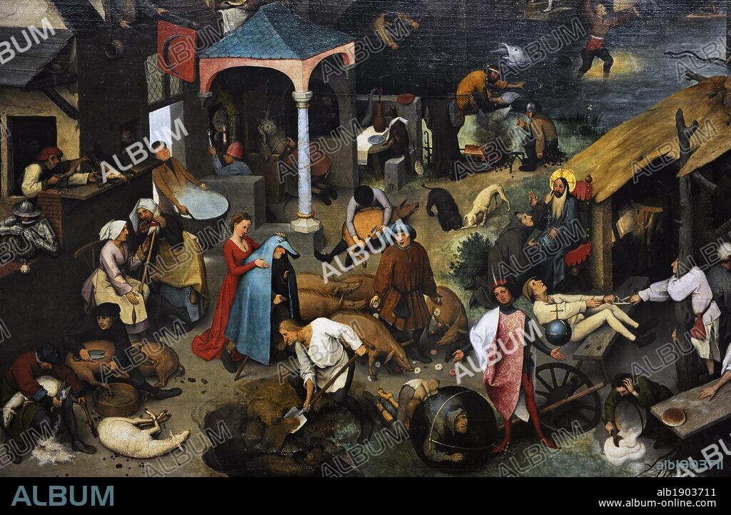 PIETER BRUEGHEL THE ELDER. Jan Brueghel the Elder (1568-1625). Flemish painter. Netherlandish Proverbs (also called The Blue Cloak or The Topsy Turvy World), 1559. Oil-on-oak-panel. Detail. Gemaldegalerie. Berlin. Germany.