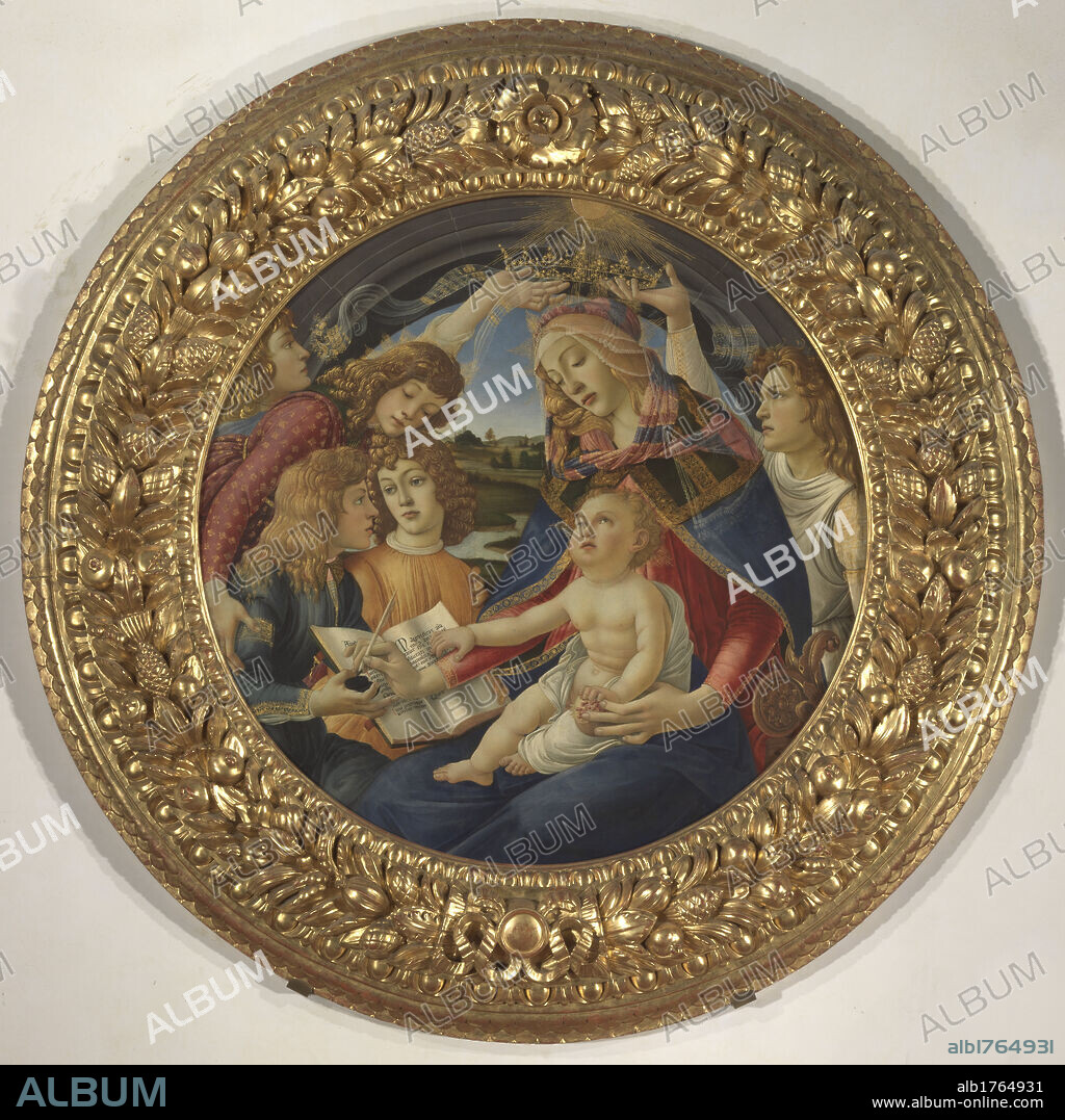 Madonna with Child and Five Angels (Madonna del Magnificat), by Sandro Filipepi Known as Botticelli, 1481-1483, 15th Century, tempera on panel, 118 cm. Italy, Tuscany, Florence, Uffizi Gallery. Tondo. Total with frame Madonna with Child and Five Angels, Madonna del Magnificat, frame ornament fruit gold Virgin Mary Infant Jesus Holy book inscription pen inkpot divine light five angels veil drapery crown coronation landscape arch blu red orange white pink green brown tones, photographic campaign 2009. Authorization required for non editorial use.