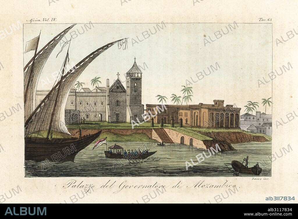 Palace of the Portuguese governor of Mozambique, early 19th century. Handcoloured copperplate engraving by Antonio Sasso from Giulio Ferrario's Ancient and Modern Costumes of all the Peoples of the World, Florence, Italy, 1843.