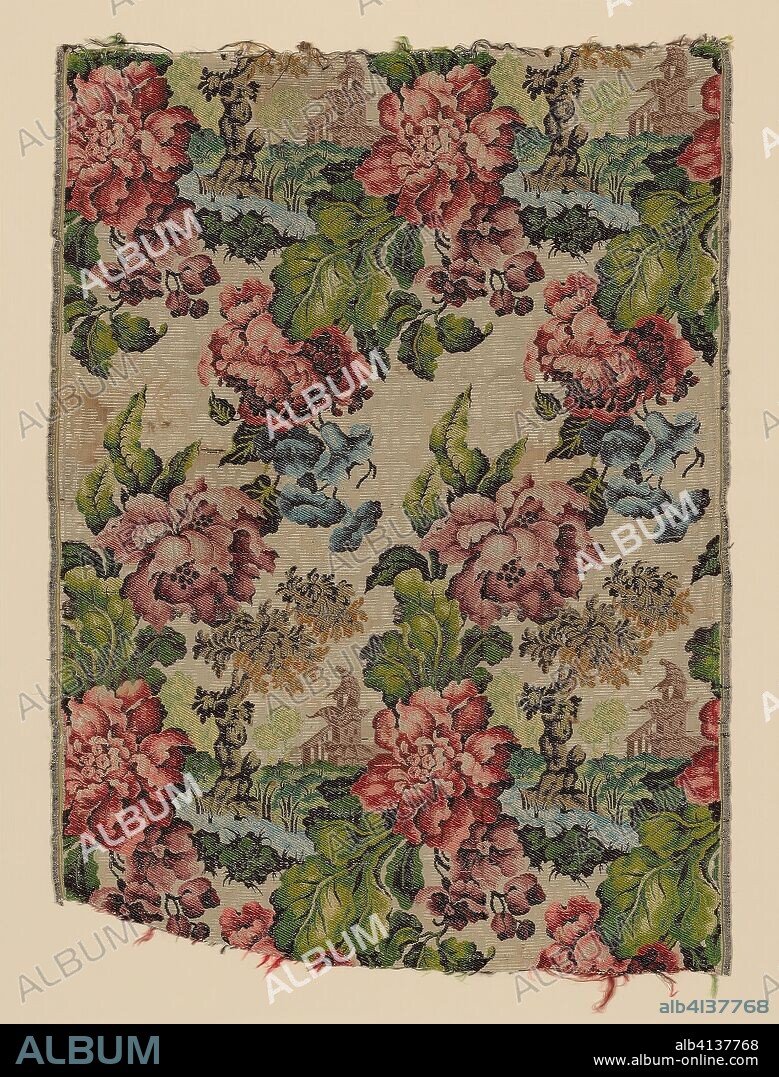 Panel. Design in the style of Jean Revel (French, 1684-1751); France, Lyon. Date: 1725-1745. Dimensions: 74.8 x 54.2 cm (29 1/2 x 21 3/8 in.)
Repeat: 50.2 x 25.8 cm (19 3/4 x 10 1/8 in.). Silk, plain weave with supplementary patterning warps and supplementary patterning and brocading wefts bound in weft-float faced 1:3 twill interlacings. Origin: Lyon.