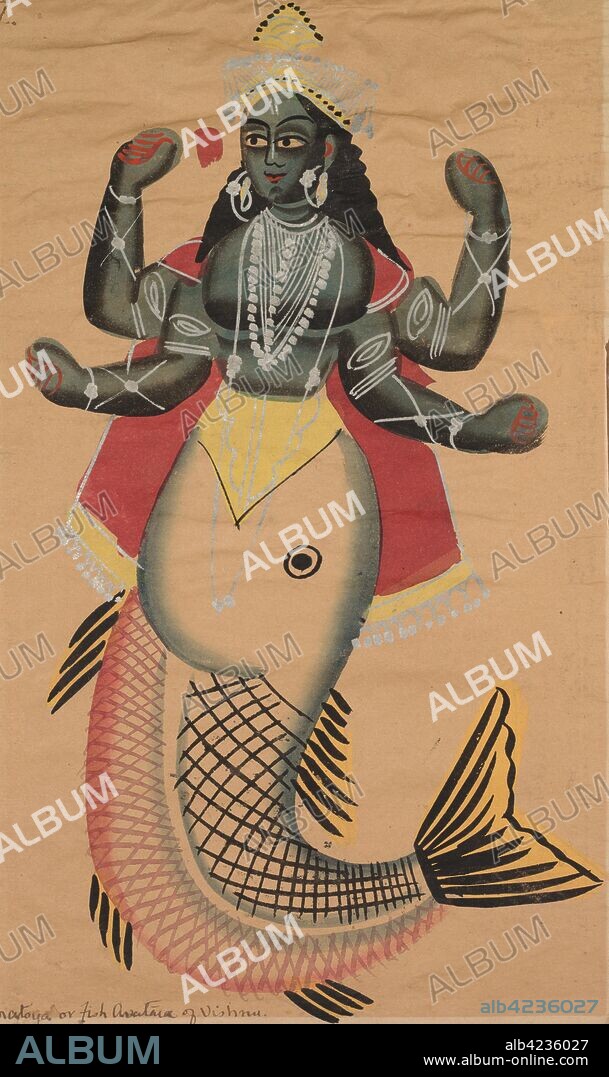 Matsya, Fish Avatara of Vishnu, 1800s. India, Calcutta, Kalighat painting, 19th century. Black ink, color and silver paint, and graphite underdrawing on paper; secondary support: 47.5 x 29.2 cm (18 11/16 x 11 1/2 in.); painting only: 44.9 x 27.2 cm (17 11/16 x 10 11/16 in.).