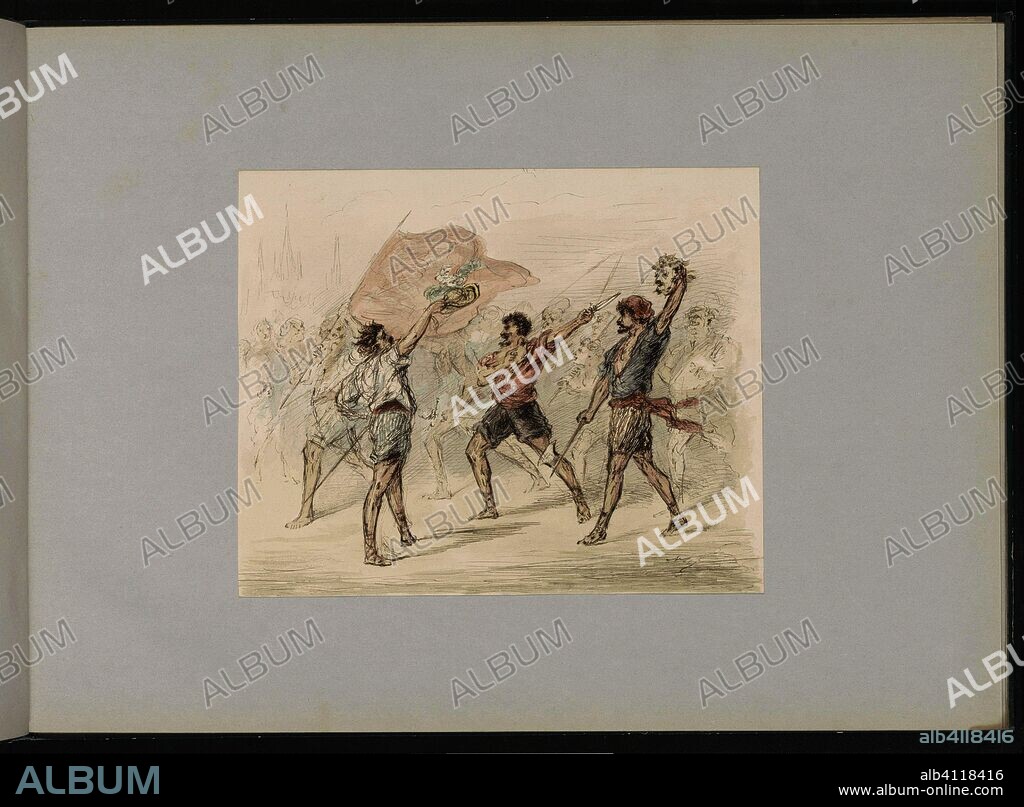 Man with a chopped off head in a crowd. Draughtsman: Alexander Ver Huell. Dating: c. 1854 - c. 1887. Measurements: h 212 mm × w 260 mm.