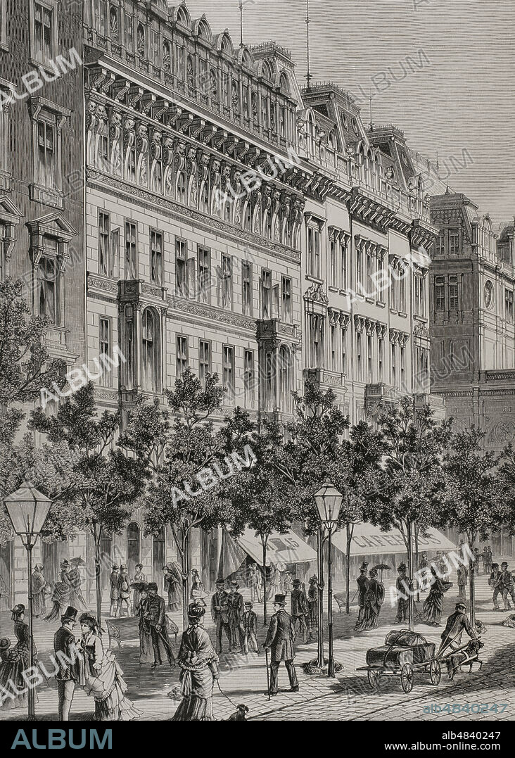 AUGUST STEFAN KRONSTEIN (1850-1921). HUNGARIAN ARTIST.. History of Austria. Vienna. Royal street (Ringstrasse) and exterior of the State Opera (at the background of the image). Drawing from life by Kronstein. Engraving. Detail. La llustración Española y Americana, 1878.