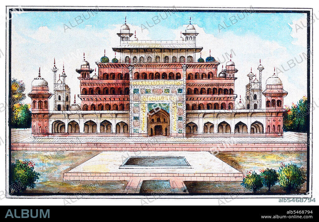 The Tomb of the the third Mughal Emperor Akbar (r. 1556-1605) is an important Mughal architectural masterpiece, built 1605-1613 and set in 48 Ha (119 acres) of grounds in Sikandra, a suburb of Agra, Uttar Pradesh, India. Emperor Akbar himself commenced its construction around 1600, according to Central Asian tradition to commence the construction of one's tomb during one's lifetime. Akbar himself planned his own tomb and selected a suitable site for it, after his death, Akbar's son Jahangir completed the construction in 1605-1613. The south gate is the largest, with four white marble chhatri-topped minarets which are similar to (and pre-date) those of the Taj Mahal, and is the normal point of entry to the tomb. The tomb itself is surrounded by a walled enclosure 105 m square. The tomb building is a four-tiered pyramid, surmounted by a marble pavilion containing the false tomb. The true tomb, as in other Mughal mausoleums, is in the basement. The buildings are constructed mainly from a deep red sandstone, enriched with features in white marble. Decorated inlaid panels of these materials and a black slate adorn the tomb and the main gatehouse. Panel designs are geometric, floral and calligraphic, and prefigure the more complex and subtle designs later incorporated in Itmad-ud-Daulah's Tomb.