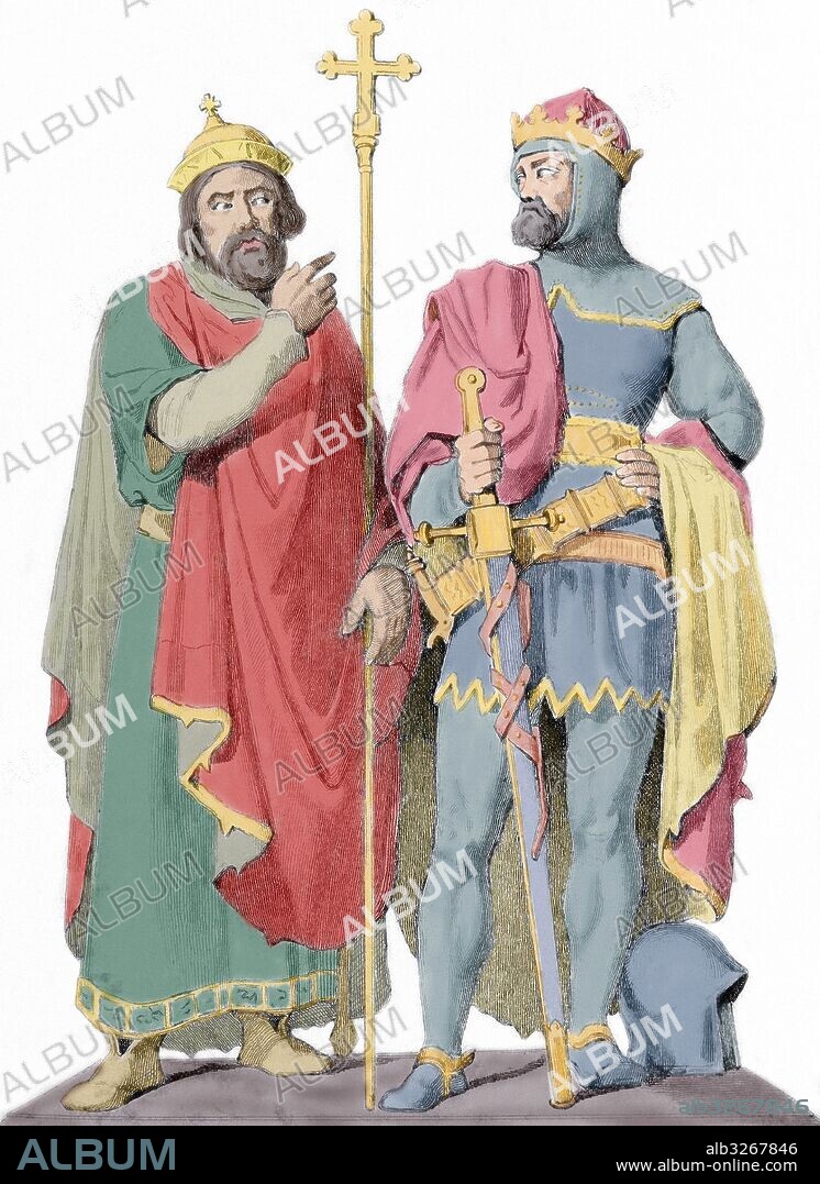 MIECISLAO I (MIESZKO I) (h.922-Poznan,992). fundador del estado polaco y primer príncipe conocido de la dinastía Piast en Polonia (h.960-992). Convirtió el país al cristianismo. BOLESLAO I "el Valiente" o "el Intrépido" (Poznan,967-Cracovia,1025). Duque de Polonia desde 992, en 1025 fue coronado rey (el primer soberano de Polonia que llevó el título de rey). Grabado del siglo XIX que representa el monumento de Mieszko I y Boleslao I en la catedral de Posen (Polonia). Coloreado.