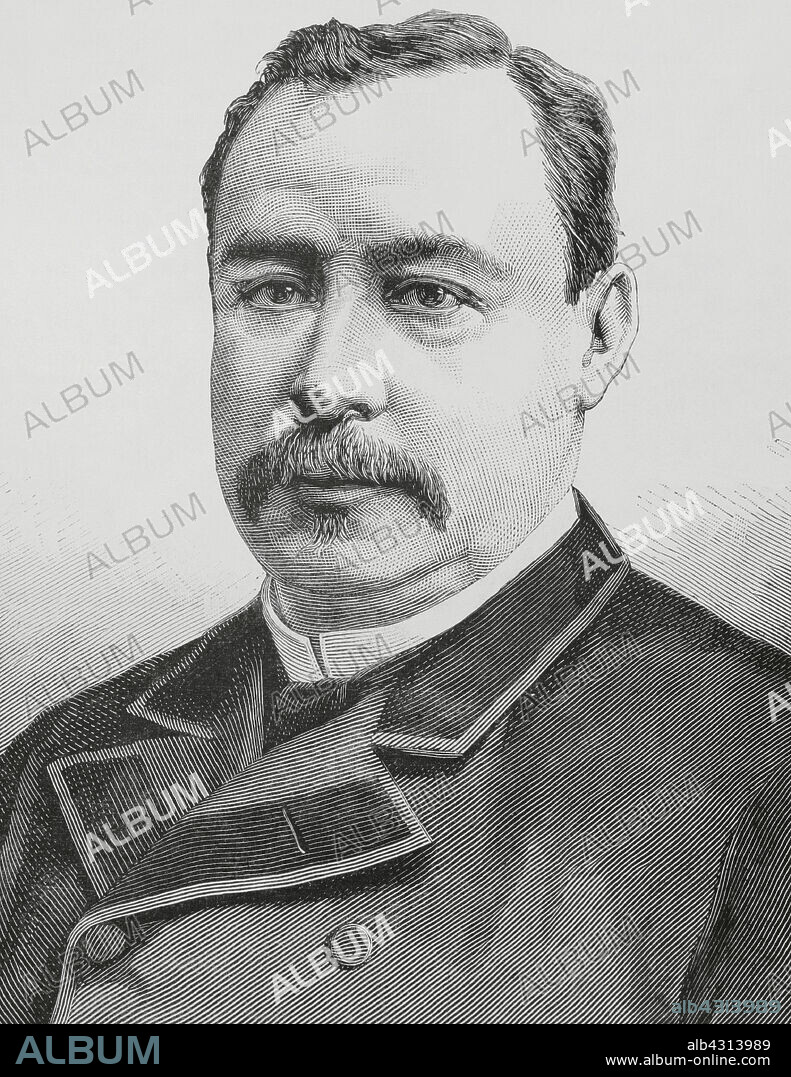 FÉLIX BADILLO (1848-1895). SPANISH ILLUSTRATOR. ARTURO CARRETERO (CA. 1852-1903). SPANISH ENGRAVER.. Rafael Zaldívar (1834-1903). President of El Salvador from 1 May 1876 to 6 April 1884, and from 21 August 1884 to 14 May 1885. Portrait. Drawing by Badillo. Engraving by Arturo Carretero (1852-1903). The Spanish and American Illustration (La Ilustración Española y Americana), 1884.