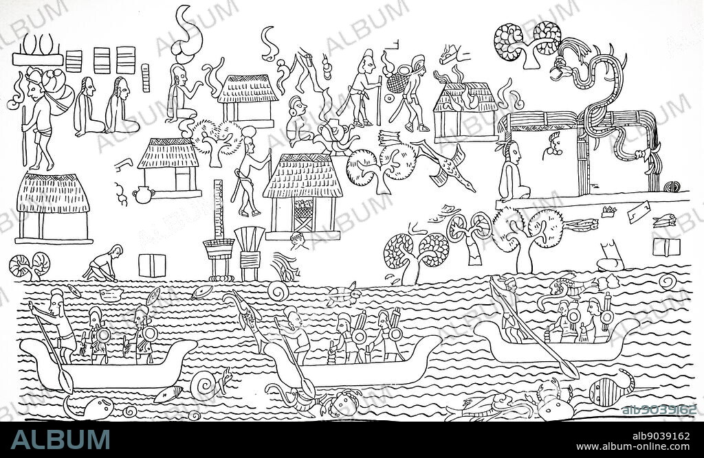 Illustration showing design of wall painting of a fishing village, Temple of the Warriors, Chichen Itza, a large pre-Columbian city built by the Maya people of the Terminal Classic period.