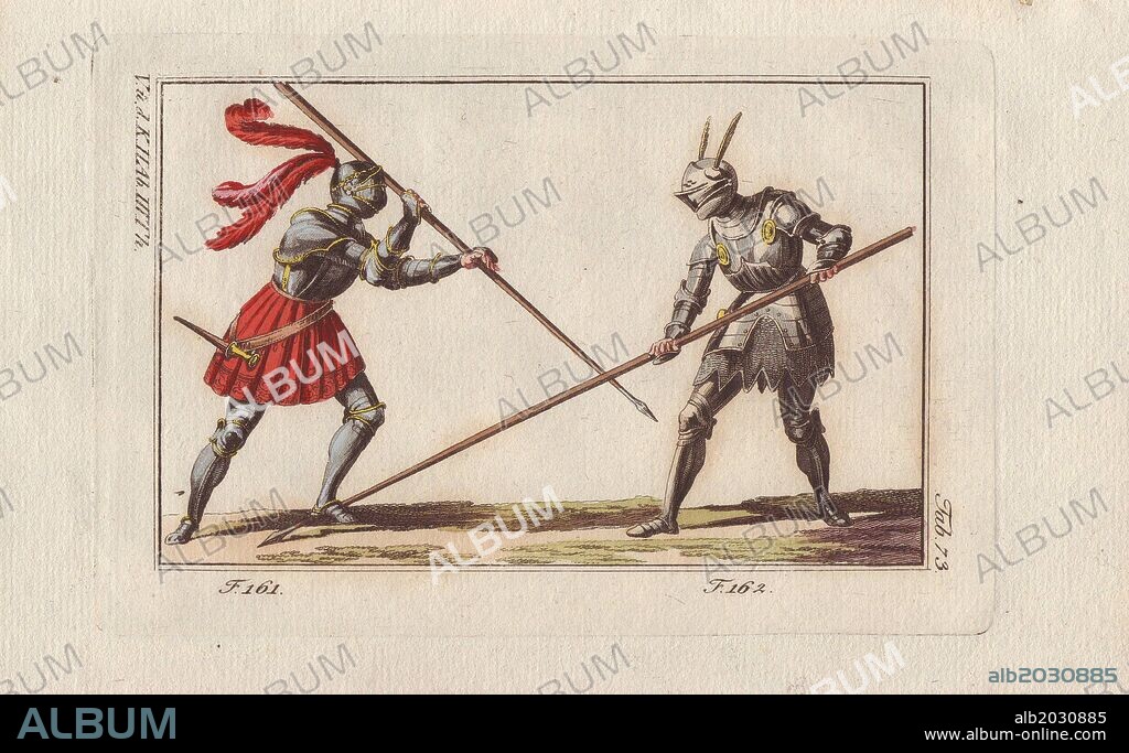 Two knights in armor on foot fighting a duel with lances in a tourney.. . The knight at left wears a crimson skirt over his suit of armor and has three crimson plumes on his helmet. The knight at right uses his lance to parry his opponent's thrust. . . Handcolored copperplate engraving from Robert von Spalart's "Historical Picture of the Costumes of the Principal People of Antiquity, the Middle Ages and the New Ages" (1800).