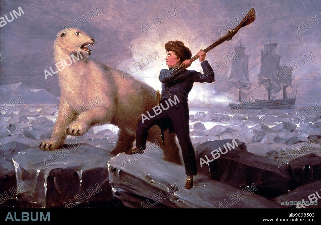 Nelson and the Bear by Richard Westall (1765-1836). Nelson's famous attack on a polar bear during an expedition. From Nelson - A Biography by Richard Hough, page 20. The Right Honourable Horatio Nelson, 1st Viscount Nelson, KCB (1758-1805), was a British admiral who won fame as a leading naval commander. When he was fifteen Nelson volunteered for the expedition as coxswain in HMS Carcass, under Captain Lutwidge. Lutwidge used to recall Nelson's pursuit of a polar bear. 'I wished to kill the bear that I might carry the skin to my father' (Horatio Nelson). Both Nelson and the bear escaped unharmed.