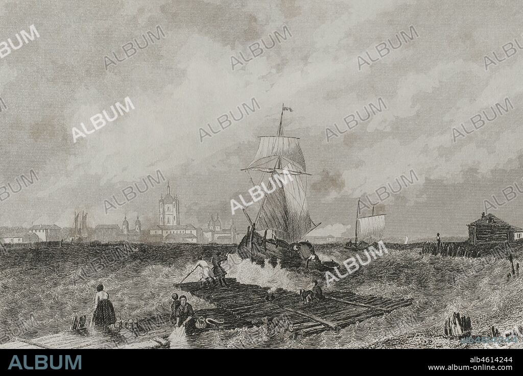 Rusia. San Petersburgo. Convento Smolny visto desde el río Nevá. Grabado por Lemaitre y Ales. Historia de Rusia por Chopin. Panorama Univerasal. Edición española de 1839.