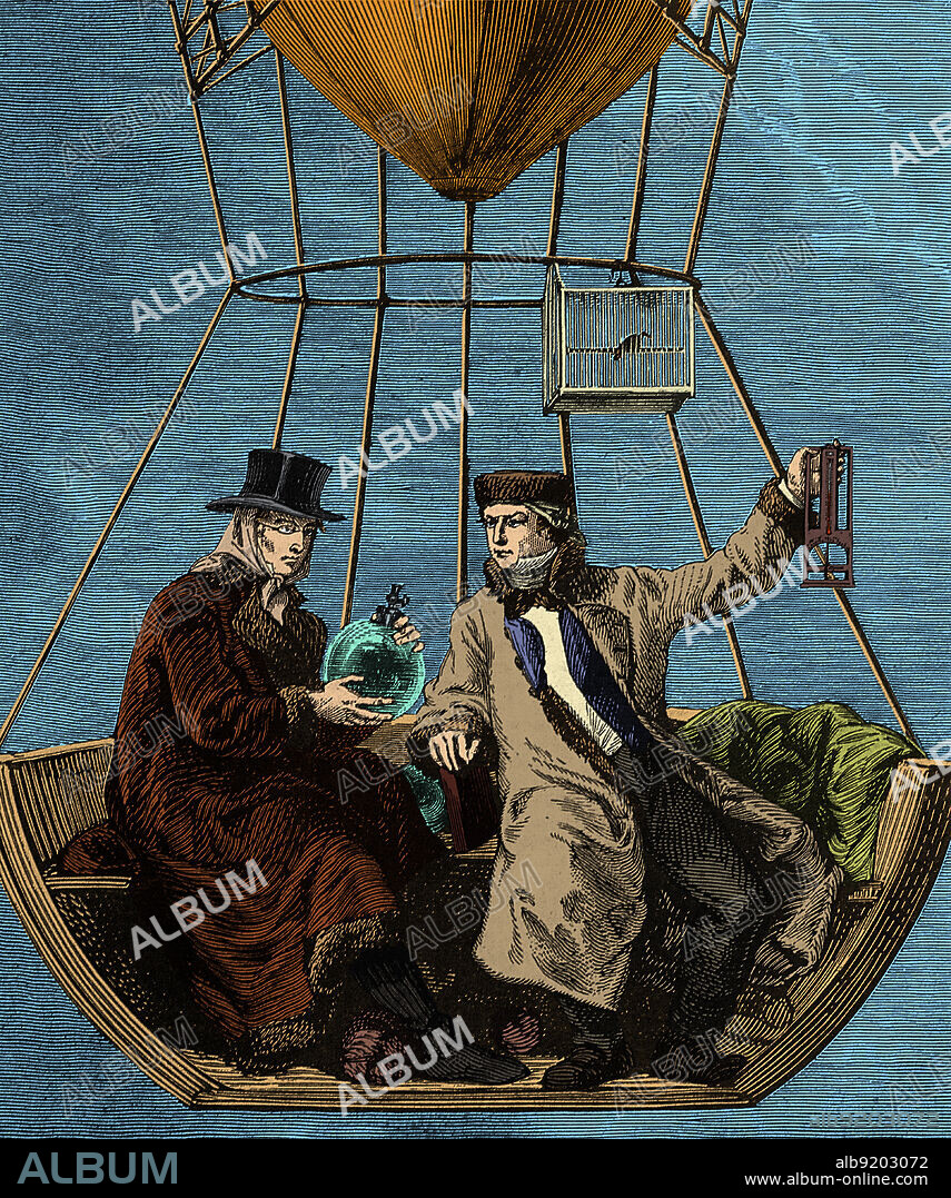 Joseph Louis Gay-Lussac (1778-1850) was a French chemist and physicist known for his studies on the physical properties of gases. In 1804, Gay-Lussac and Jean-Baptiste Biot ascended to a height of approximately 13,000 feet to study variations in the Earth's electro-magnetic intensity relative to altitude. In a later solo ascent, he climbed to 23,000 feet and experienced the effects of oxygen deprivation, but still managed to collect air samples, study the variation of pressure and temperature, and repeat his earlier electro-magnetic observations. Jean-Baptiste Biot (April 21, 1774 - February 3, 1862) was a French physicist, astronomer, and mathematician who established the reality of meteorites, made an early balloon flight, and studied the polarization of light.